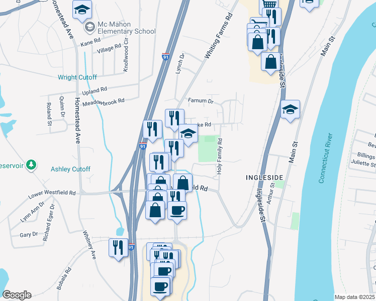 map of restaurants, bars, coffee shops, grocery stores, and more near 210 Whiting Farms Road in Holyoke