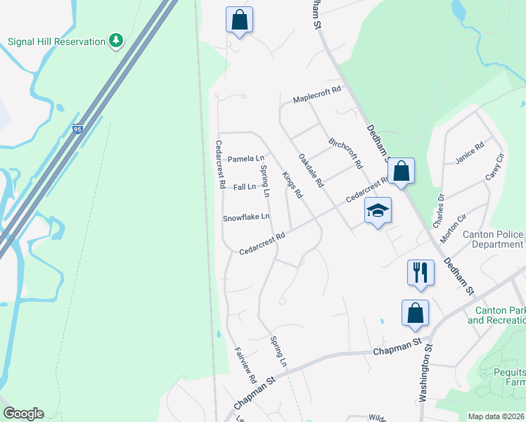map of restaurants, bars, coffee shops, grocery stores, and more near 124 Spring Lane in Canton