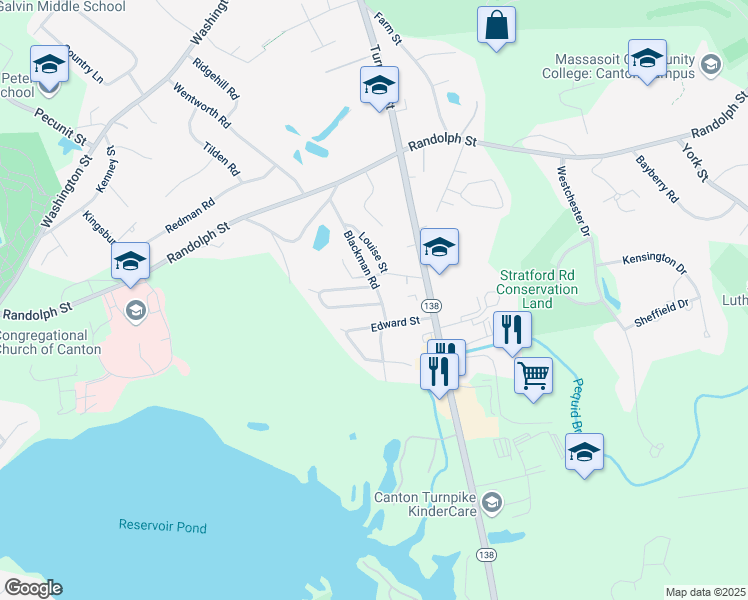 map of restaurants, bars, coffee shops, grocery stores, and more near 1 Rustlewood Drive in Canton