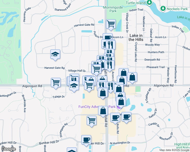 map of restaurants, bars, coffee shops, grocery stores, and more near 140 Village Hall Drive in Lake in the Hills