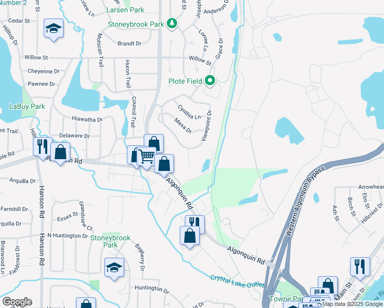 map of restaurants, bars, coffee shops, grocery stores, and more near 2 Sierra Court in Lake in the Hills