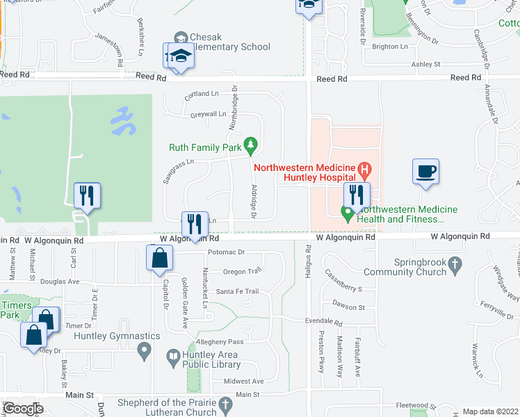 map of restaurants, bars, coffee shops, grocery stores, and more near 10493 Hunter Trail in Huntley