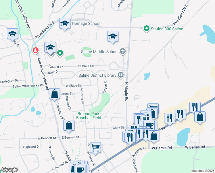 map of restaurants, bars, coffee shops, grocery stores, and more near 912 Watson Road in Saline