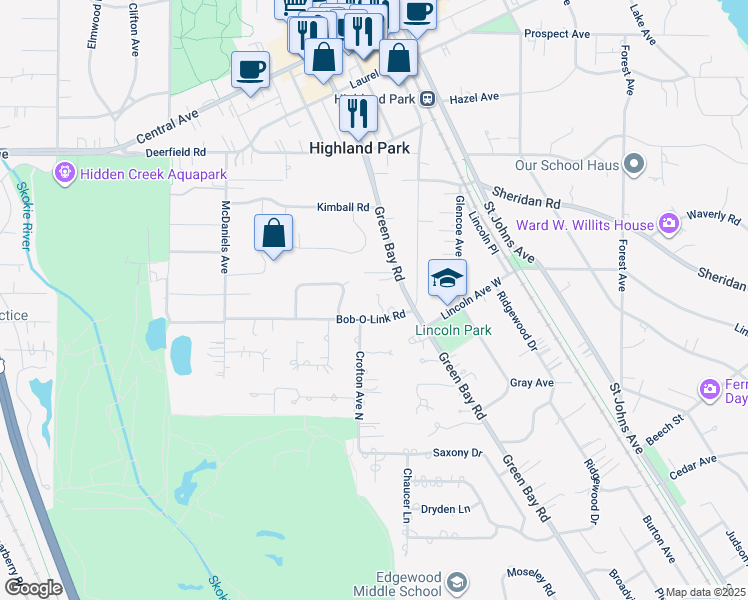 map of restaurants, bars, coffee shops, grocery stores, and more near 827 Bob-O-Link Road in Highland Park