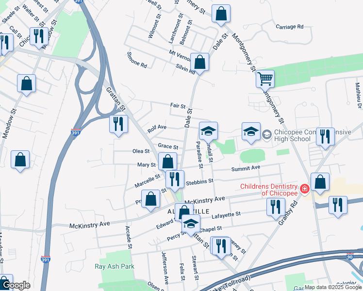 map of restaurants, bars, coffee shops, grocery stores, and more near 176 Grace Street in Chicopee