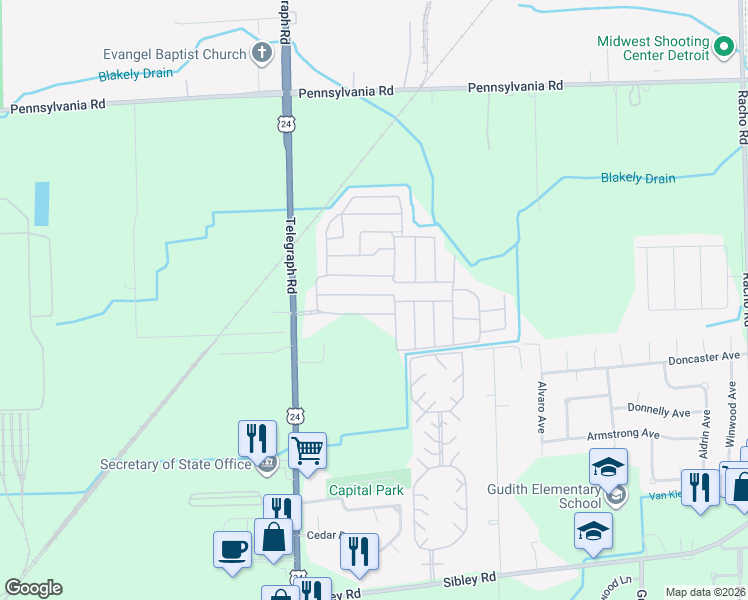 map of restaurants, bars, coffee shops, grocery stores, and more near 23651 Matts Drive in Wayne County