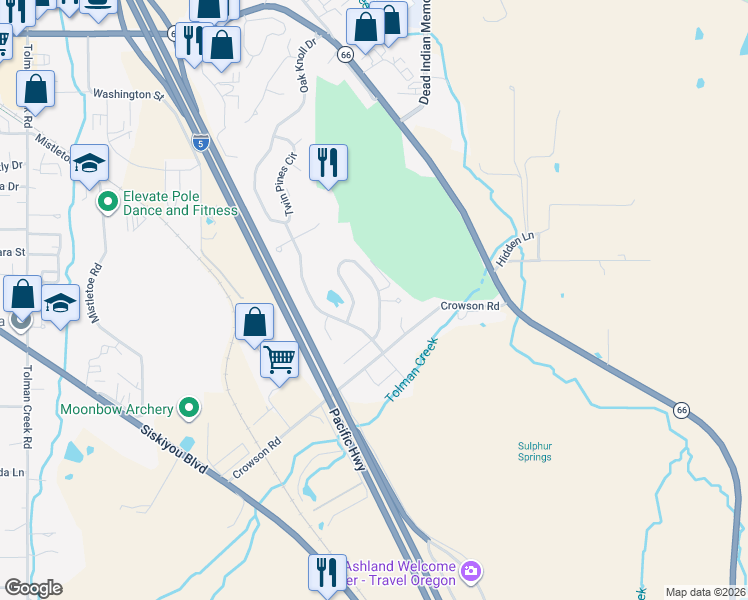 map of restaurants, bars, coffee shops, grocery stores, and more near 929 Cypress Point Loop in Ashland