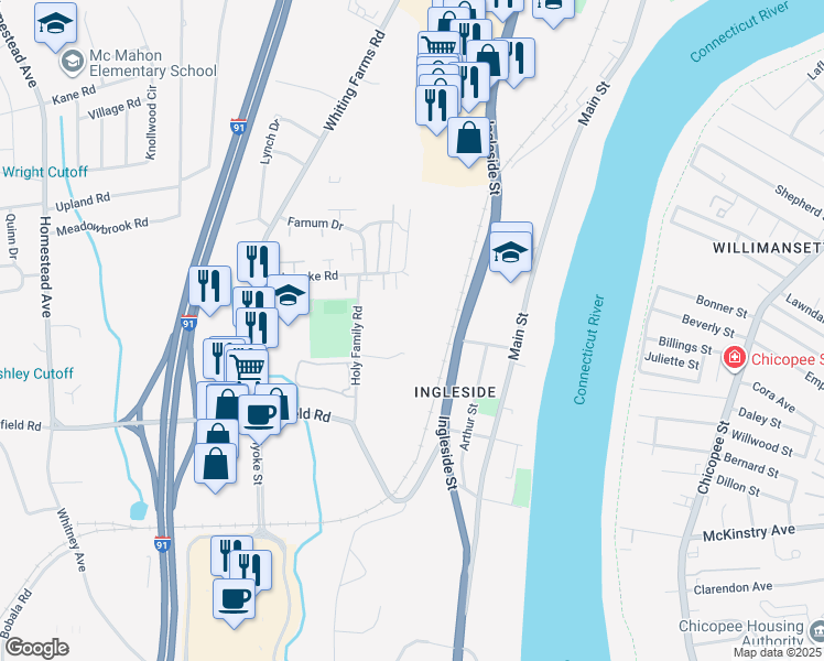 map of restaurants, bars, coffee shops, grocery stores, and more near 35 Holy Family Road in Holyoke