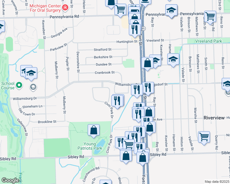 map of restaurants, bars, coffee shops, grocery stores, and more near 14050 Village Lane in Riverview