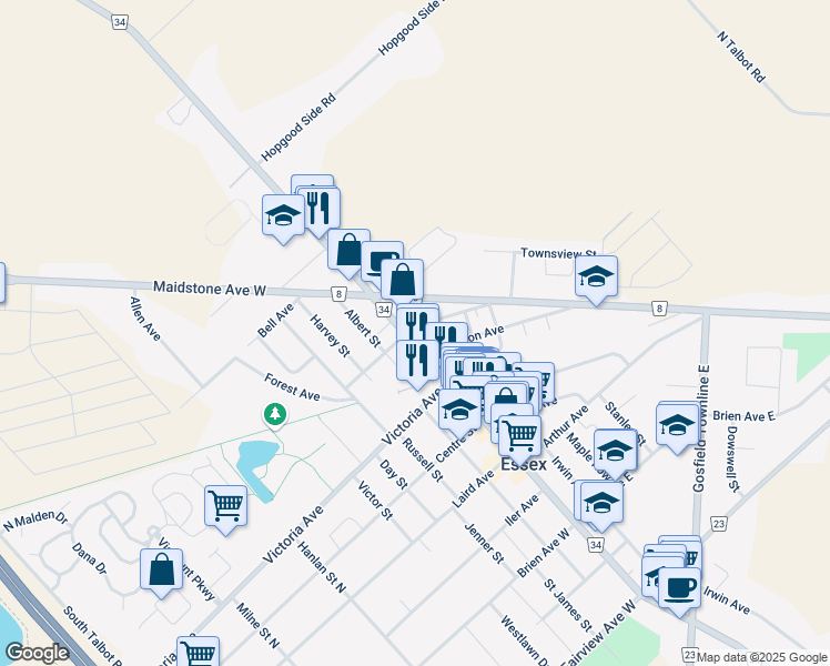 map of restaurants, bars, coffee shops, grocery stores, and more near 18 Medora Avenue East in Essex