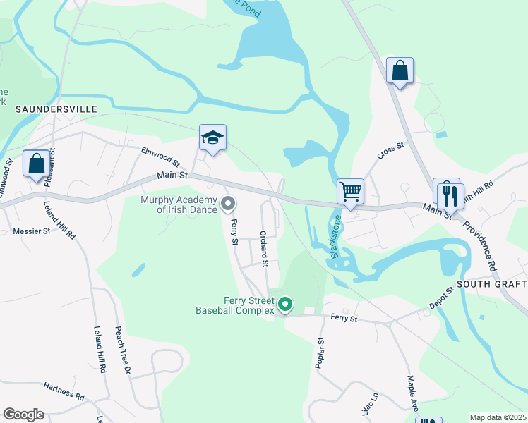 map of restaurants, bars, coffee shops, grocery stores, and more near 11 Orchard Street in Grafton