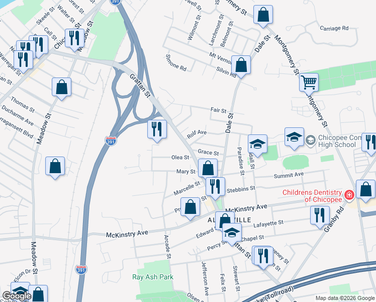 map of restaurants, bars, coffee shops, grocery stores, and more near 813 Grattan Street in Chicopee