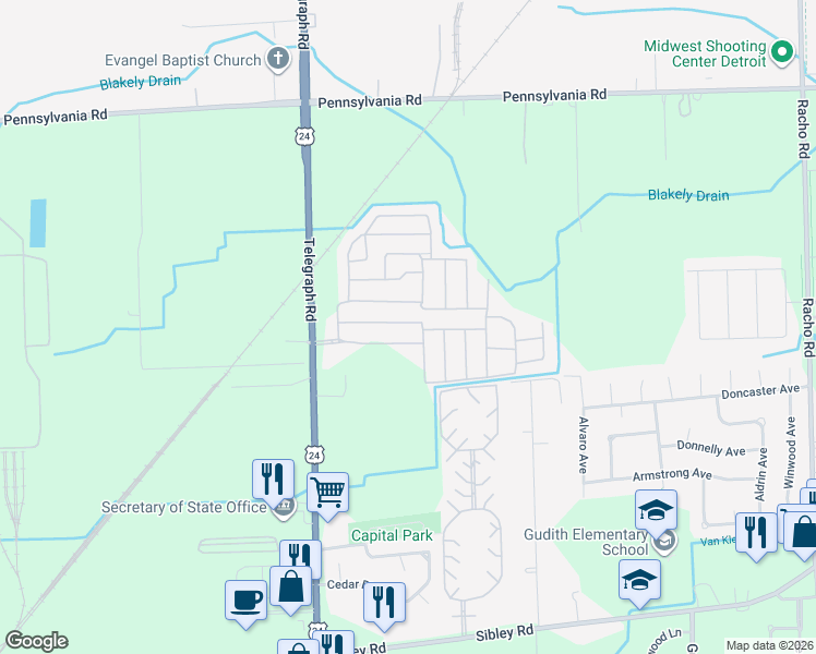 map of restaurants, bars, coffee shops, grocery stores, and more near 23651 Matts Drive in Brownstown Charter Township