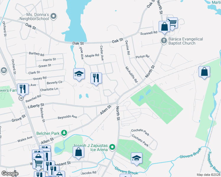 map of restaurants, bars, coffee shops, grocery stores, and more near 14 Truman Drive in Randolph