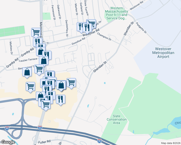 map of restaurants, bars, coffee shops, grocery stores, and more near 43 Somerset Road in Chicopee
