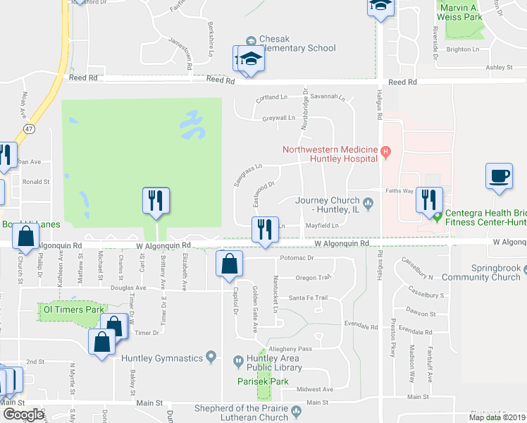 map of restaurants, bars, coffee shops, grocery stores, and more near 10498 Eastwood Drive in Huntley