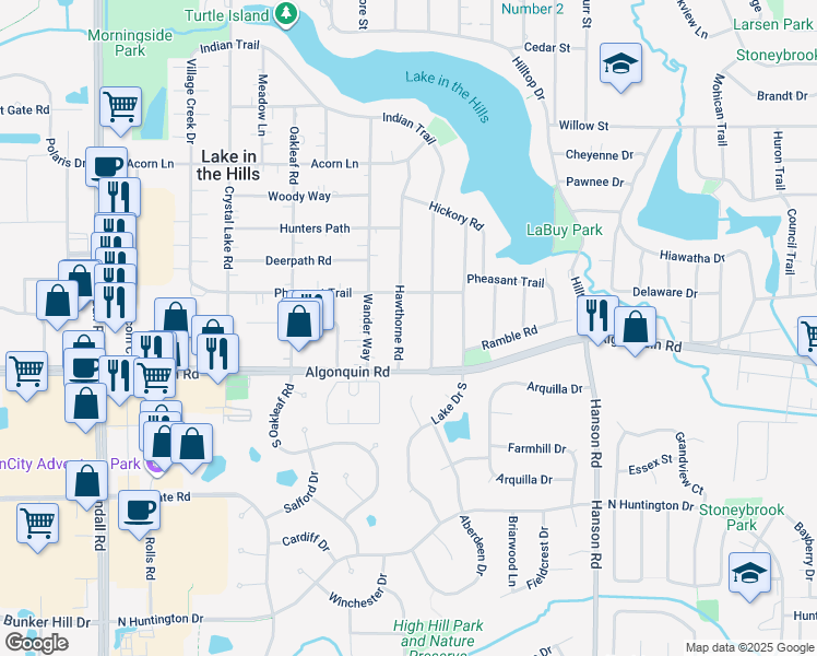 map of restaurants, bars, coffee shops, grocery stores, and more near 12 Hawthorne Road in Lake in the Hills