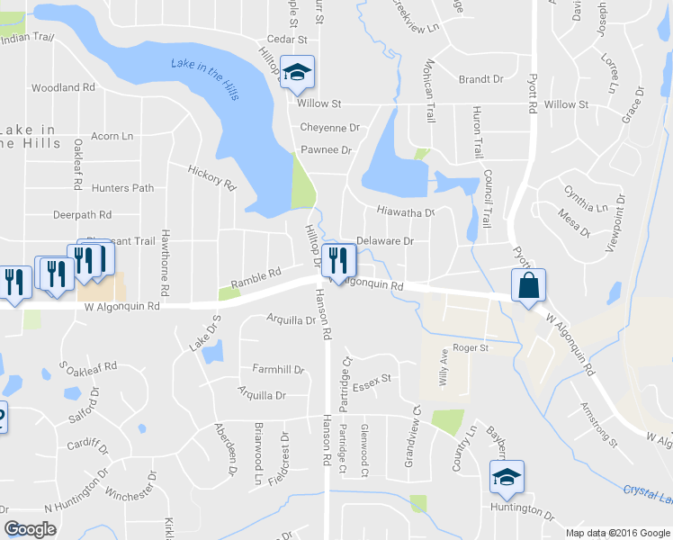 map of restaurants, bars, coffee shops, grocery stores, and more near 516 Blackhawk Drive in Lake in the Hills