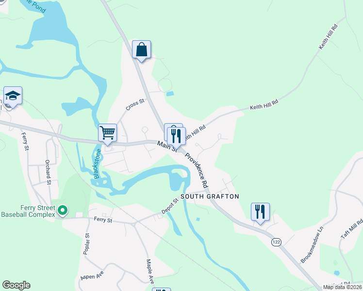 map of restaurants, bars, coffee shops, grocery stores, and more near 283 Providence Road in Grafton