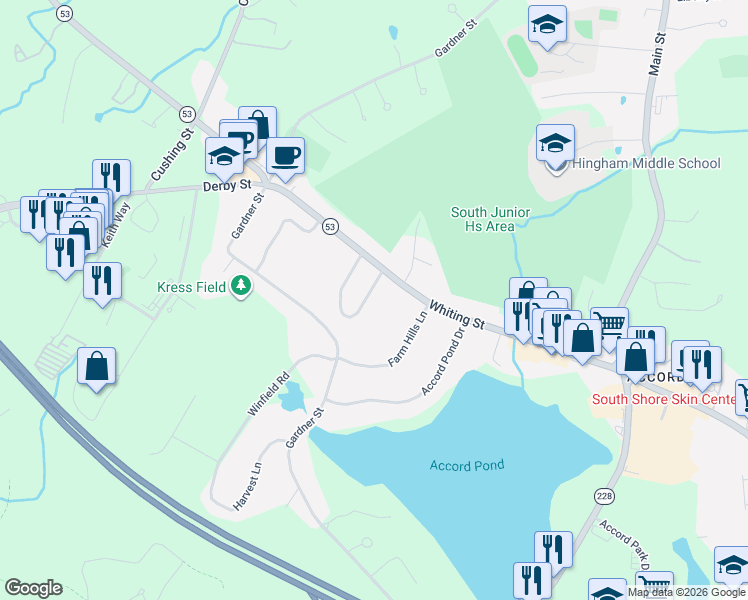 map of restaurants, bars, coffee shops, grocery stores, and more near 6 Hazelwood Drive in Hingham