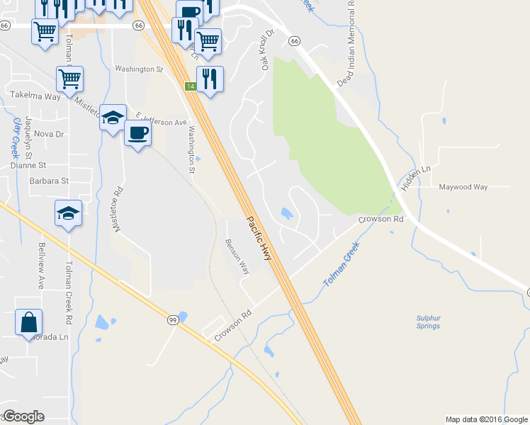 map of restaurants, bars, coffee shops, grocery stores, and more near 1051 Oak Knoll Drive in Ashland