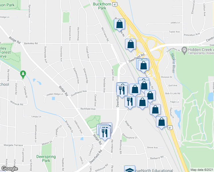 map of restaurants, bars, coffee shops, grocery stores, and more near 1341 Ferndale Avenue in Highland Park