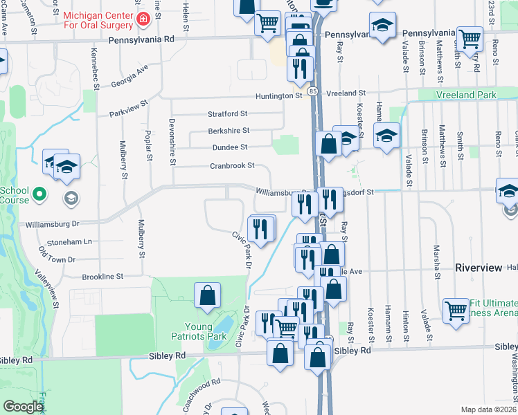 map of restaurants, bars, coffee shops, grocery stores, and more near 14050 Village Lane in Riverview