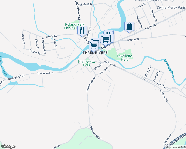 map of restaurants, bars, coffee shops, grocery stores, and more near 2069 High Street in Palmer