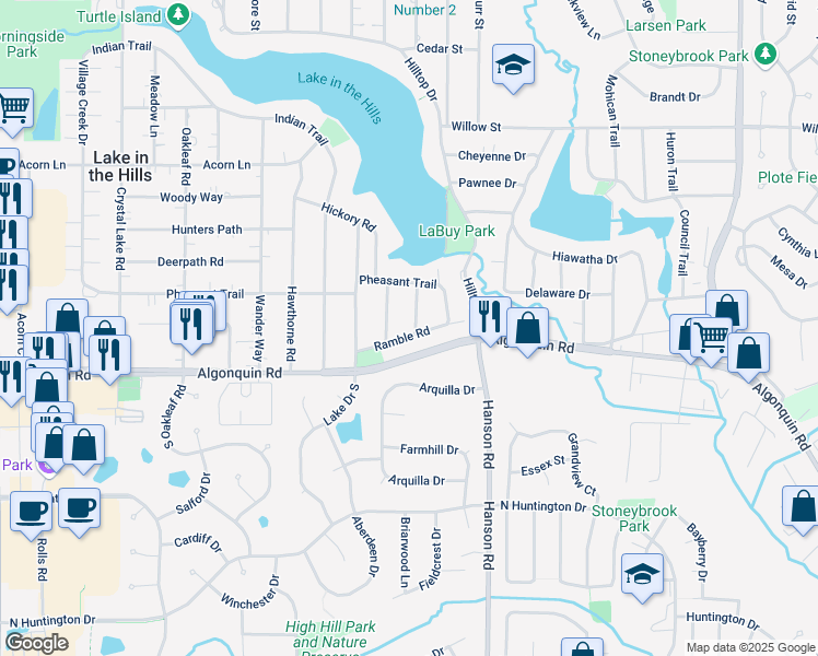 map of restaurants, bars, coffee shops, grocery stores, and more near 317 Ramble Road in Lake in the Hills