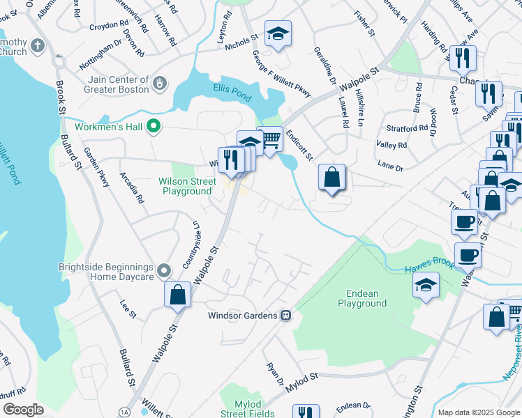 map of restaurants, bars, coffee shops, grocery stores, and more near 29-REAR Davis Avenue in Norwood