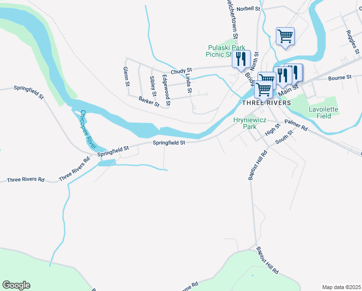 map of restaurants, bars, coffee shops, grocery stores, and more near 117 Springfield Street in Palmer