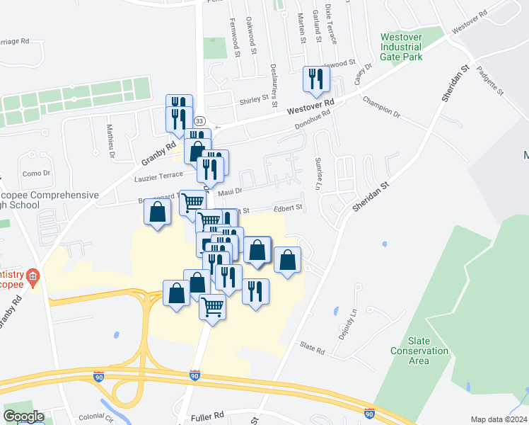 map of restaurants, bars, coffee shops, grocery stores, and more near 95 Edbert Street in Chicopee