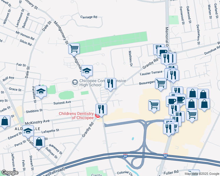 map of restaurants, bars, coffee shops, grocery stores, and more near 1246 Granby Road in Chicopee