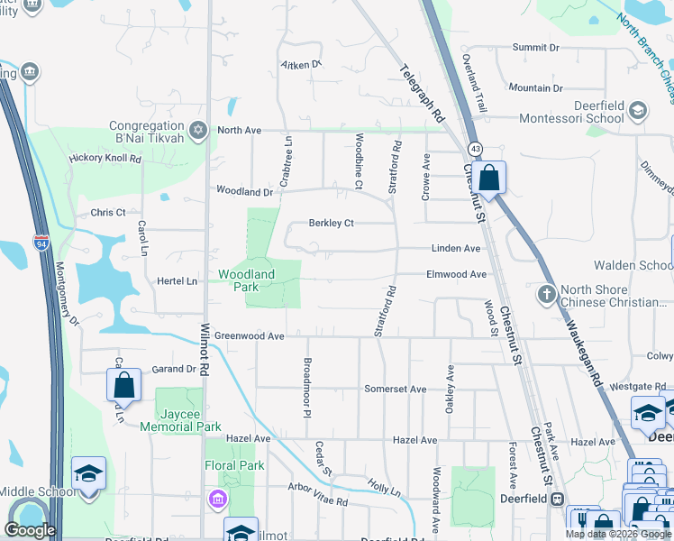 map of restaurants, bars, coffee shops, grocery stores, and more near 1340 Elmwood Avenue in Deerfield