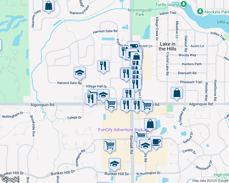 map of restaurants, bars, coffee shops, grocery stores, and more near 140 Village Hall Drive in Lake in the Hills