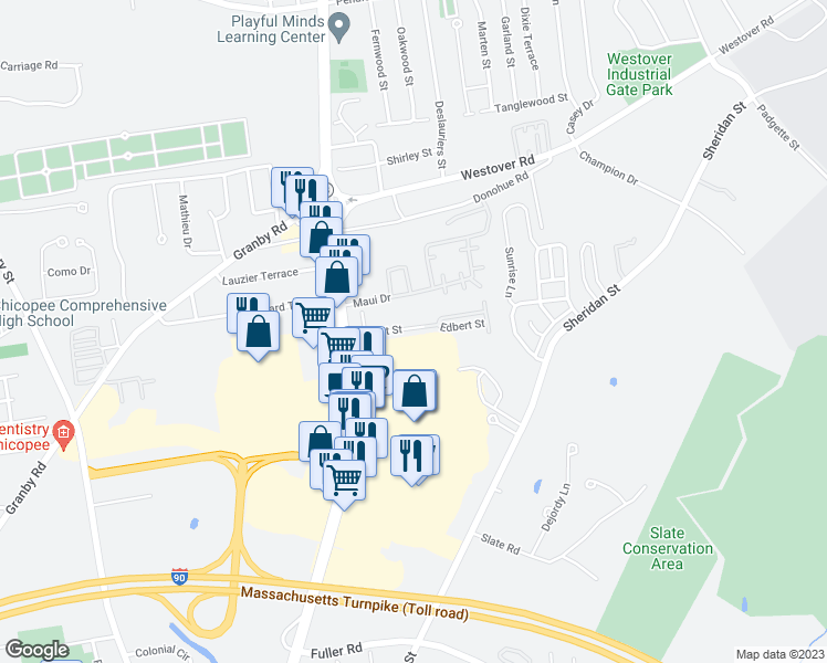map of restaurants, bars, coffee shops, grocery stores, and more near 69 Edbert Street in Chicopee