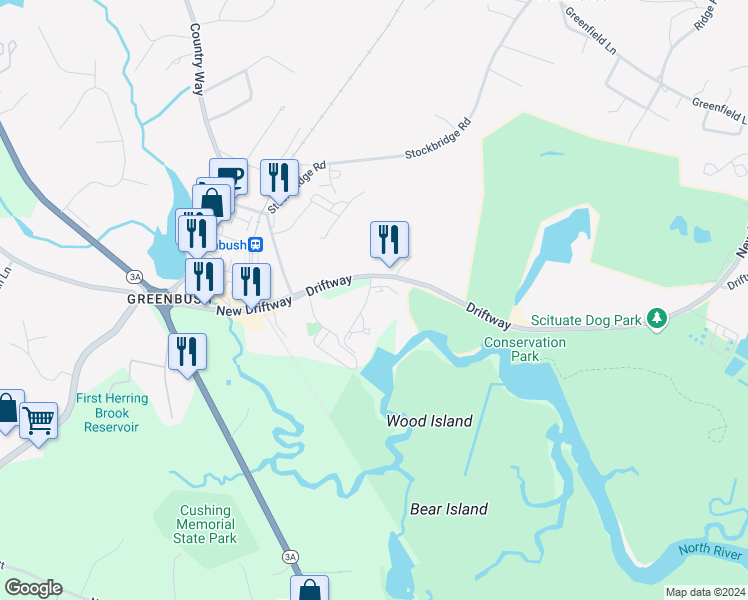 map of restaurants, bars, coffee shops, grocery stores, and more near 35 Ladds Way in Scituate