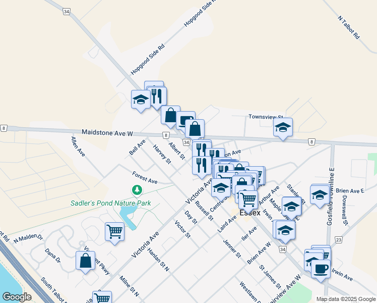 map of restaurants, bars, coffee shops, grocery stores, and more near 148 Talbot Street North in Essex