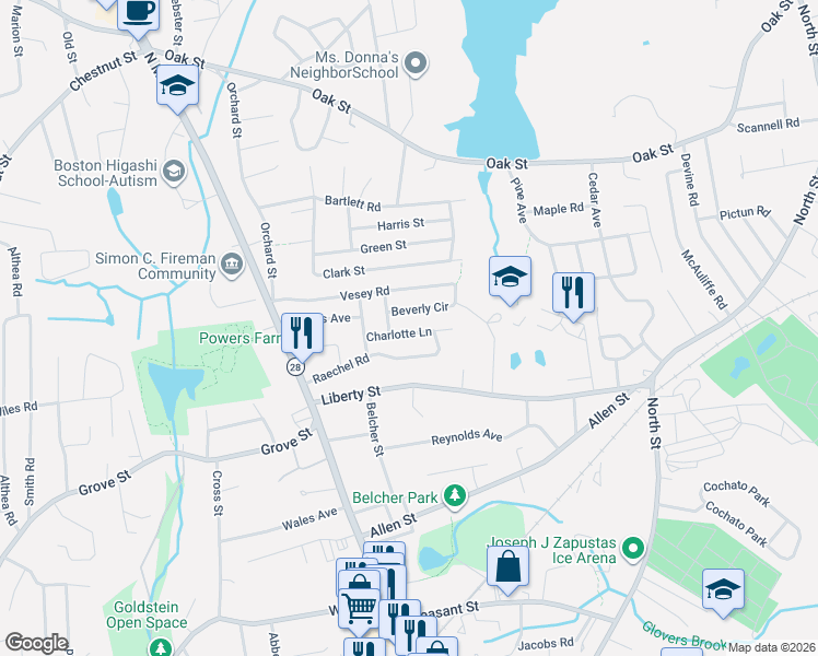 map of restaurants, bars, coffee shops, grocery stores, and more near 11 Charlotte Lane in Randolph