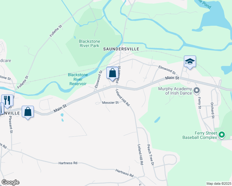 map of restaurants, bars, coffee shops, grocery stores, and more near 2 Leland Hill Road in Grafton