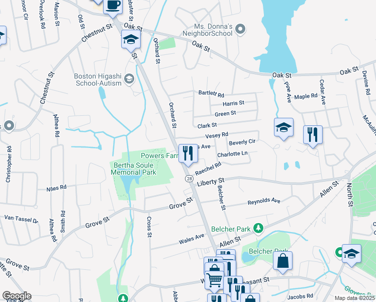 map of restaurants, bars, coffee shops, grocery stores, and more near 17 Jones Avenue in Randolph