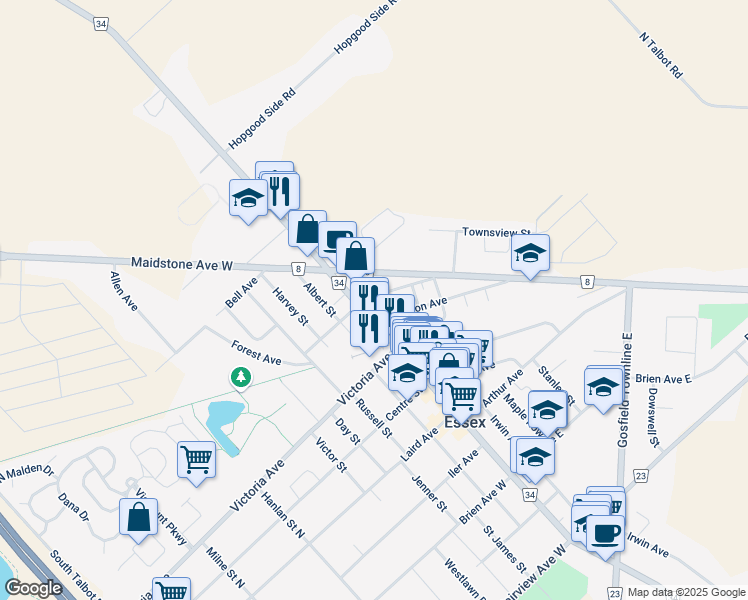 map of restaurants, bars, coffee shops, grocery stores, and more near 18 Medora Avenue East in Essex