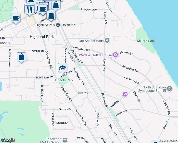 map of restaurants, bars, coffee shops, grocery stores, and more near 1350 Saint Johns Avenue in Highland Park