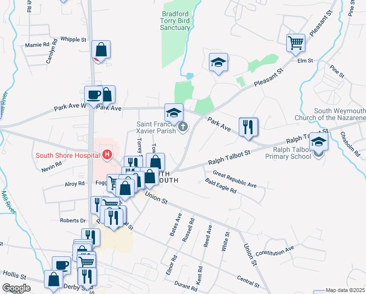 map of restaurants, bars, coffee shops, grocery stores, and more near 216 Pleasant Street in Weymouth