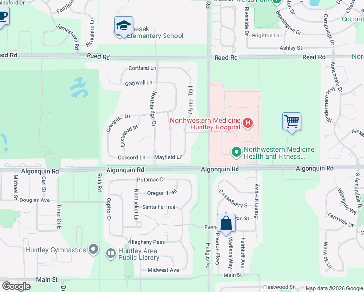 map of restaurants, bars, coffee shops, grocery stores, and more near 10493 Hunter Trail in Huntley