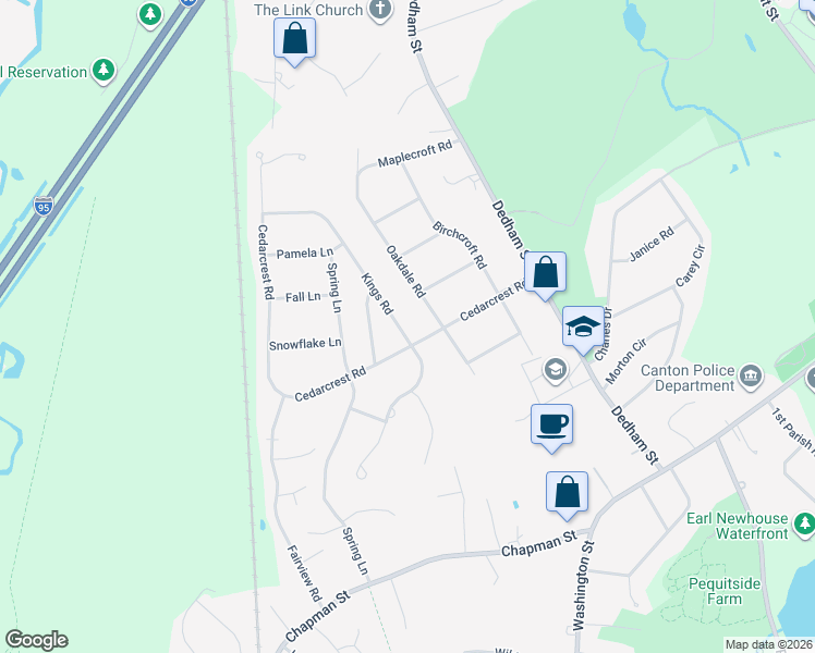 map of restaurants, bars, coffee shops, grocery stores, and more near 34 Kings Road in Canton