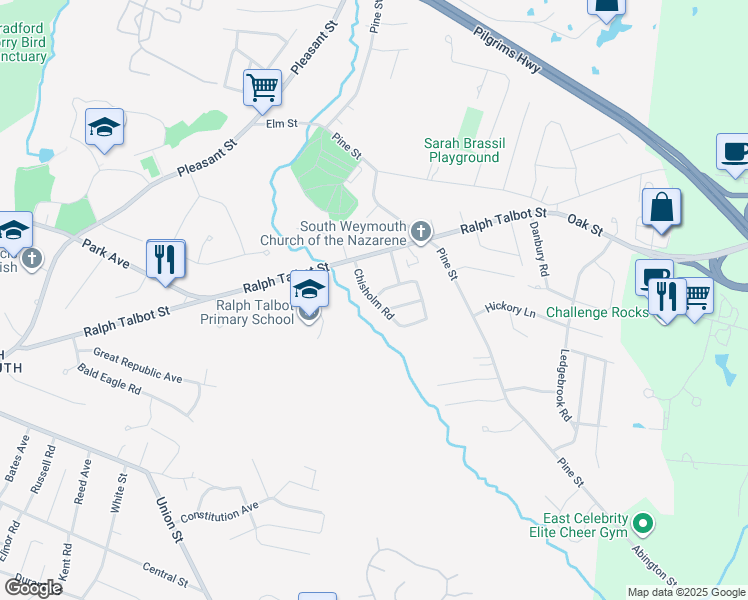 map of restaurants, bars, coffee shops, grocery stores, and more near 32 Chisholm Road in Weymouth