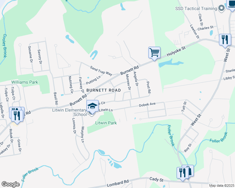 map of restaurants, bars, coffee shops, grocery stores, and more near 162 Olko Circle in Chicopee