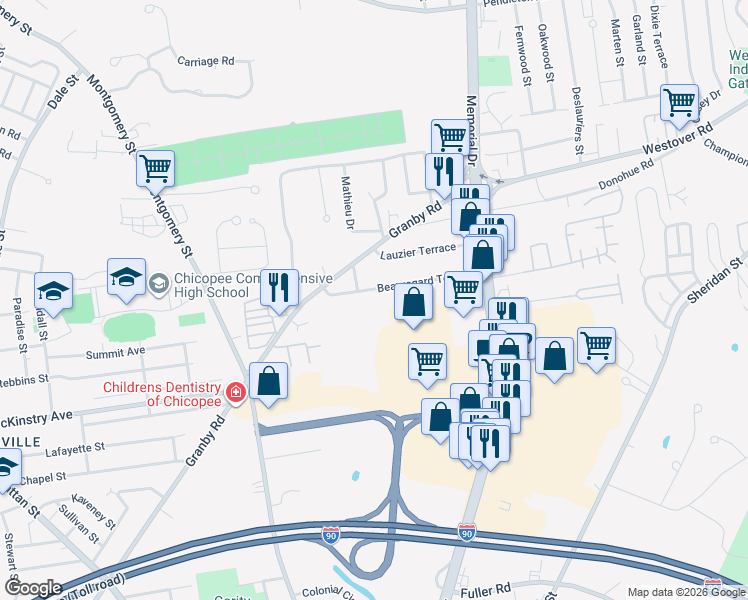 map of restaurants, bars, coffee shops, grocery stores, and more near 63 Beauregard Terrace in Chicopee