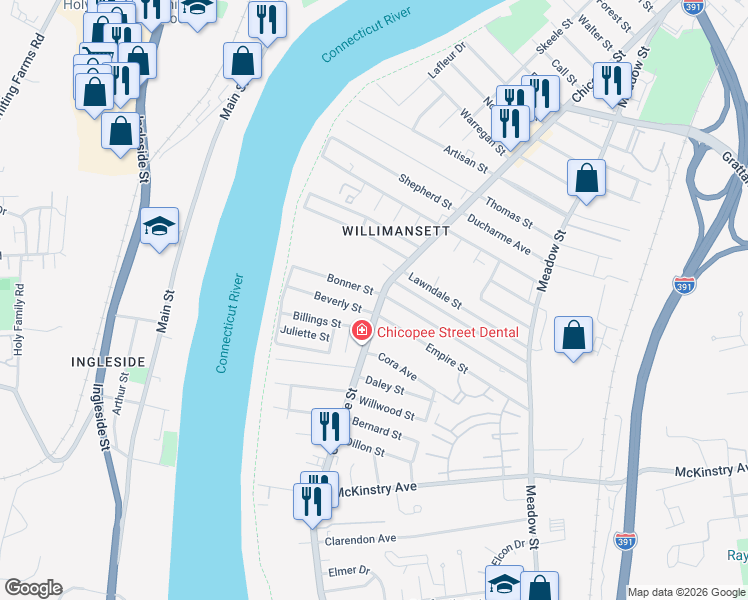 map of restaurants, bars, coffee shops, grocery stores, and more near in Chicopee